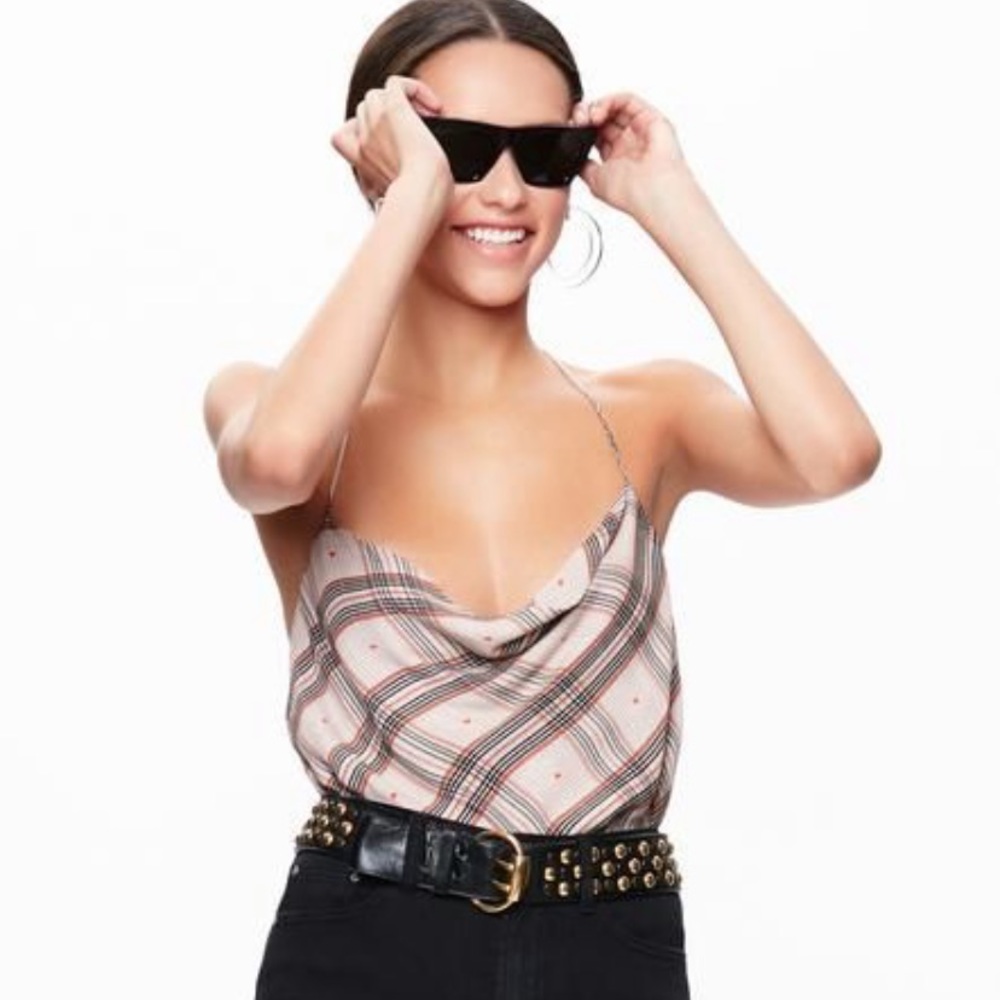 Plaid cowl neck tank top